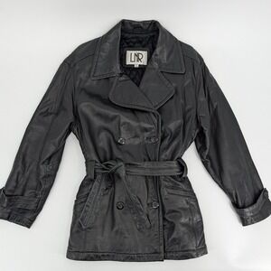LNR Black Genuine Leather Trench Jacket Belted Double Breasted Size M